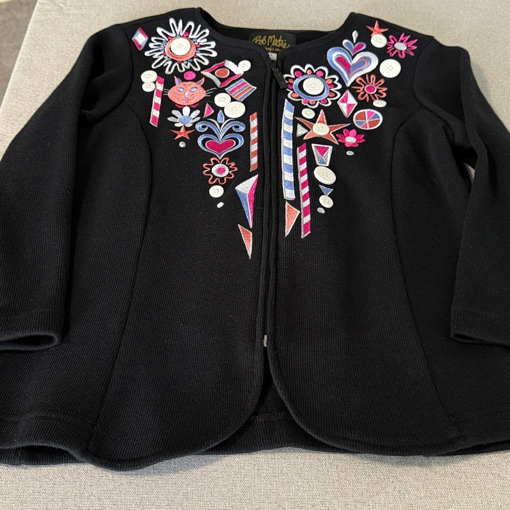 Bob Mackie Women’s Wearable Art Embroidered Cat Zip Up Black Cardigan. SZXXS. - Picture 14 of 15